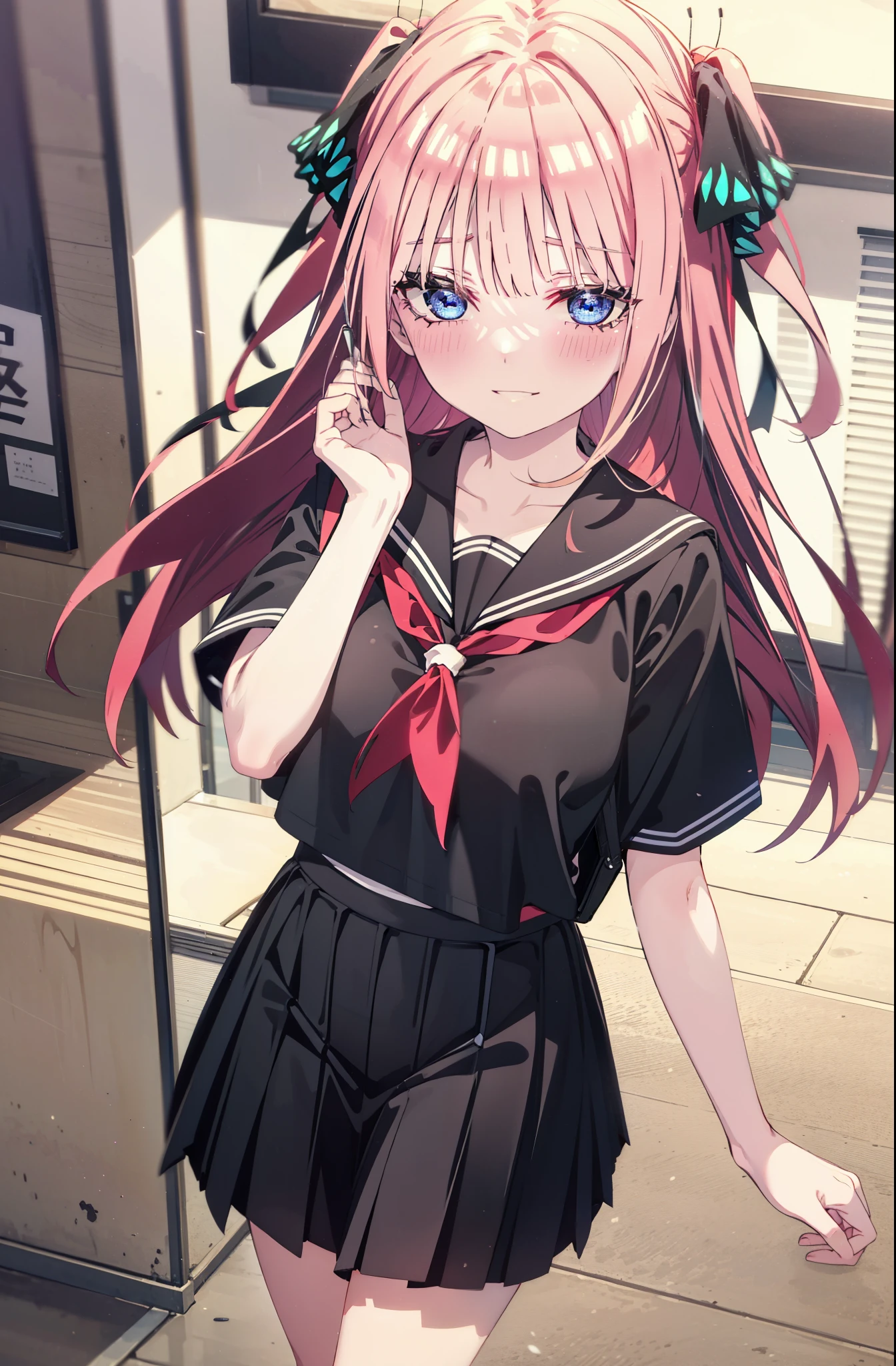 I was silent, nino nakano, Long Hair, bangs, blue eyes, hair ornaments, Hair Ribbon, Pink Hair, blunt bangs, Both sides up, butterfly hair ornaments,smile, Grin,Big Breasts,Japanese schoolgirl(Black Sailor Suit),Short sleeve,Black pleated skirt,White loose socks,Brown Loafers,Daytime,Clear skies,whole bodyがイラストが入るように,Looking down from above,School bag,
break indoors, Coffee shop,
break looking at viewer, whole body,
break (masterpiece:1.2), highest quality, High resolution, unity 8k wallpaper, (shape:0.8), (Beautiful details:1.6), Highly detailed face, Perfect lighting, Extremely detailed CG, (Perfect hands, Perfect Anatomy),