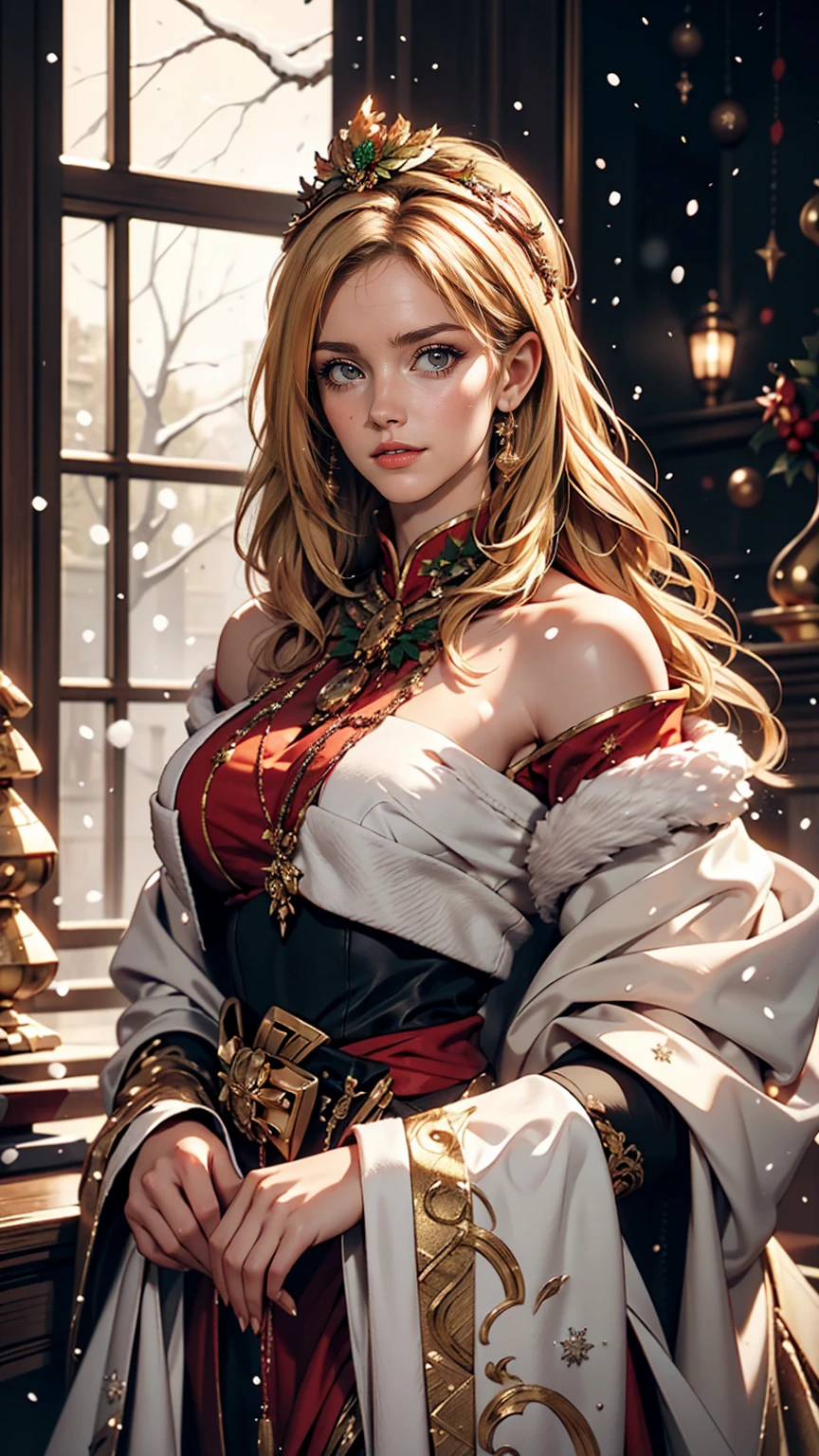 Portrait of a beautiful empress, Blonde Hair, Perfect Blue Eyes, wonderful, An incredibly impressive large Christmas headpiece, Clothing Santa Robe, All about Christmas, snow, Symmetric, Dramatic studio lighting, Rococo, Baroque, green, Asian, Hyperrealism, close, d&d, Fantasy, Complex, elegant, Very detailed, Digital Painting, Art Station, Octane Rendering, 8k, Concept Art, mat, Sharp focus