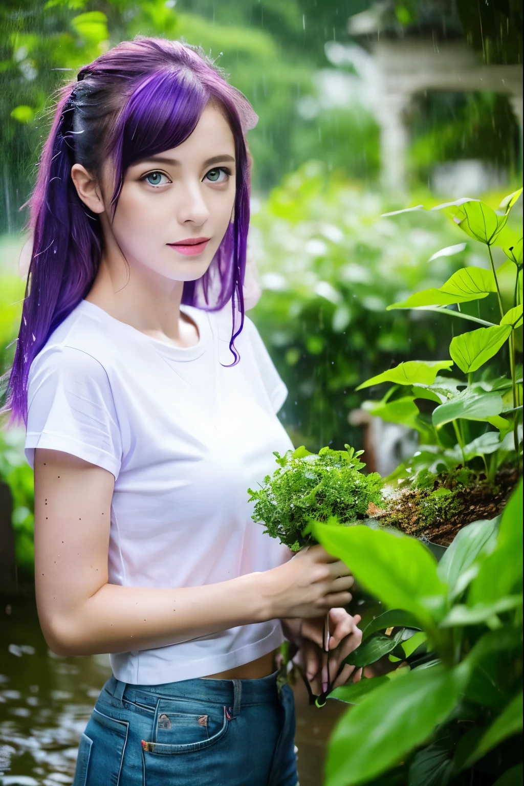 Accurate as a photo、heavy rain、heavy rain、Soaking wet、Soaking wet、french beauty、Safety、Tattoo、Purple Hair、Green Eyes、White T-shirt、thunderstorm、Lightning strikes、garden