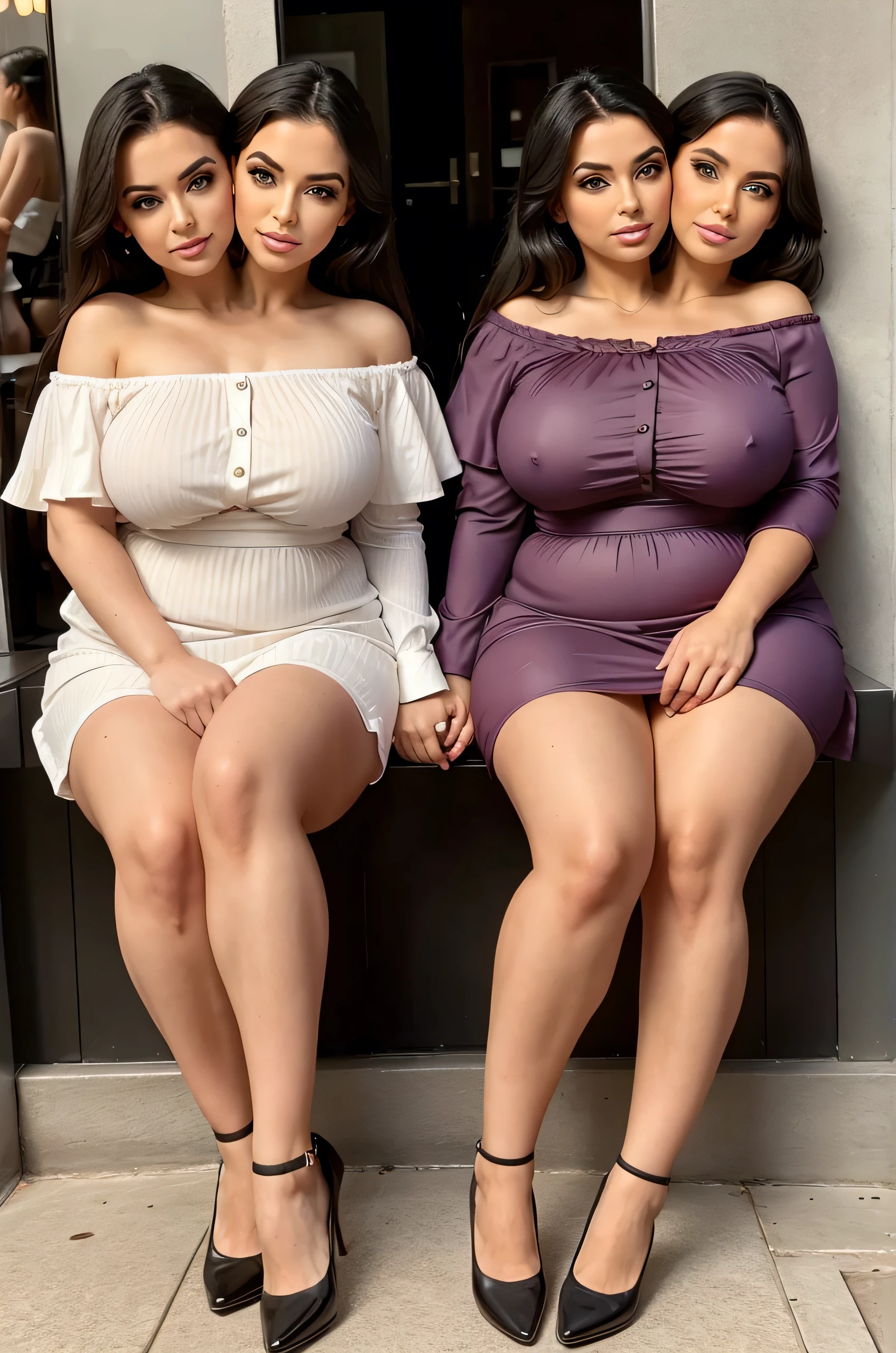 2heads, two headed woman, age 30, two heads on one body, conjoined twins, pretty, gentle makeup, on a date, chubby, pretty outfit,