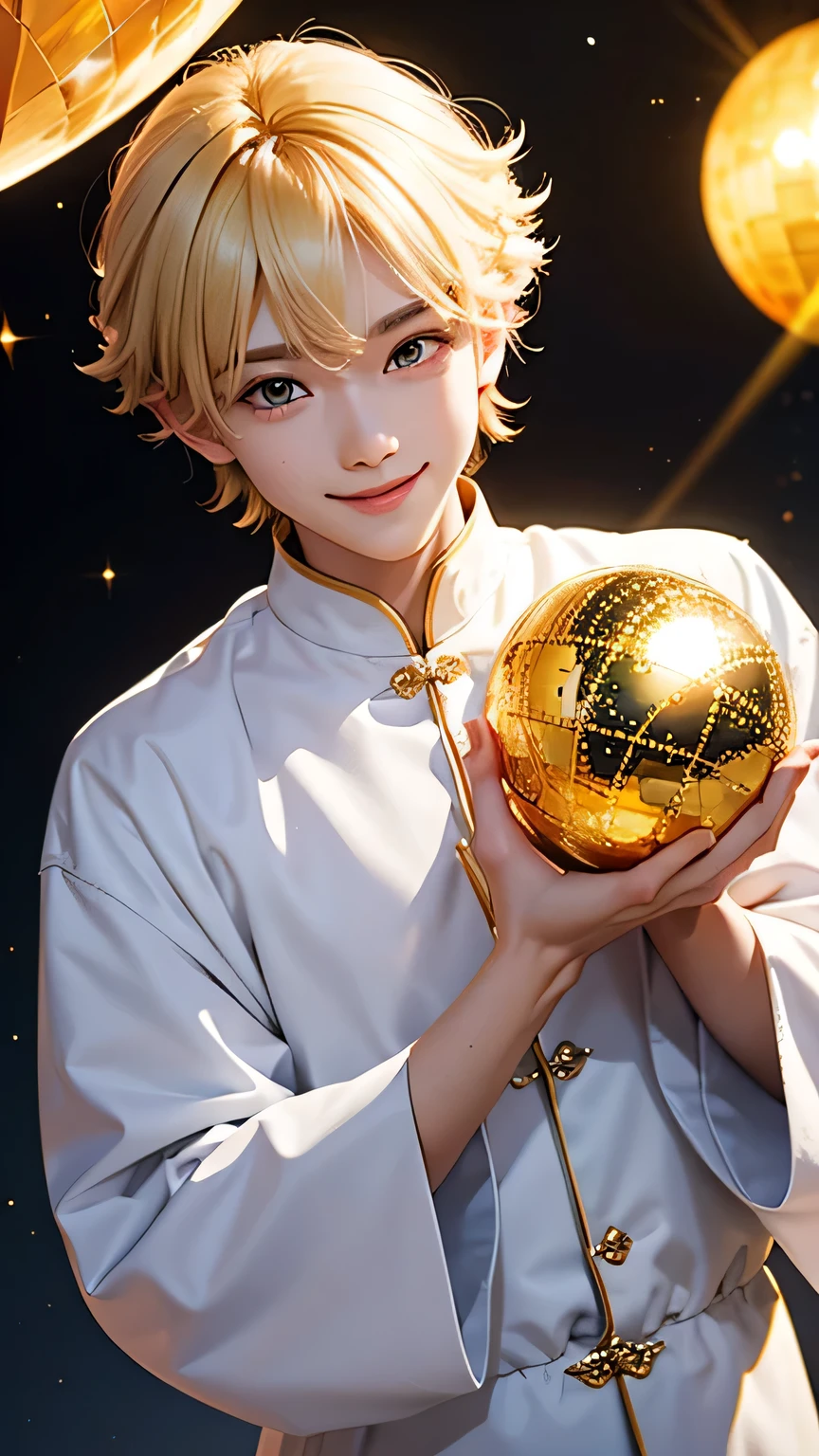A boy angel who serves the Sun Goddess。 Holding a large mirror ball in both hands、Smiling。A pose that makes you feel like the king of love。Blonde。Wearing clothes that don't reveal any skin。The location is a sanctuary bathed in sunlight.。A sacred place bathed in soft, bright light