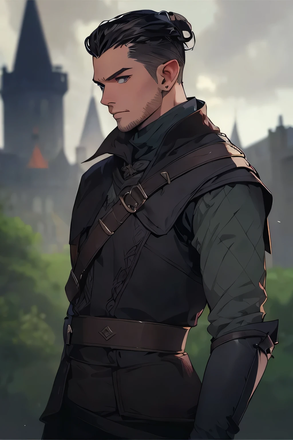 blurred image of a man in medieval clothing standing in front of a castle, a portrait of a male elf, wildcloak fin portrait, full body dnd character portrait, Caleb from Critical Role, handsome guy in demon slayer art, inspired by Kris of Deltarrune, Edmund Blair and Charlie Bowater, a male elf, male elf ranger
