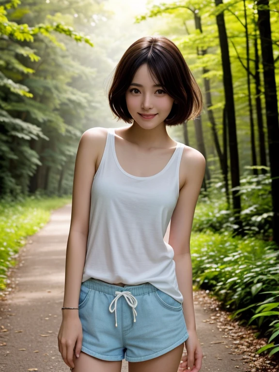 masterpiece, highest quality, High resolution, wallpaper, Realistic, Bright lighting, Professional Lighting, Face Light, Smooth lighting, Japanese Girls, ((Whole body 1.4)),前かがみのcuteポーズ, cute, smile, beautiful girl, gravure, sexy, so beautiful, Beautiful Skin, Beautiful and detailed、Detailed face、slim、Moderate, short hair, Brunette colored hair, Brown eyes, View your viewers,Tank top, Shorts,Morning sun shining through a misty forest path.Small,
