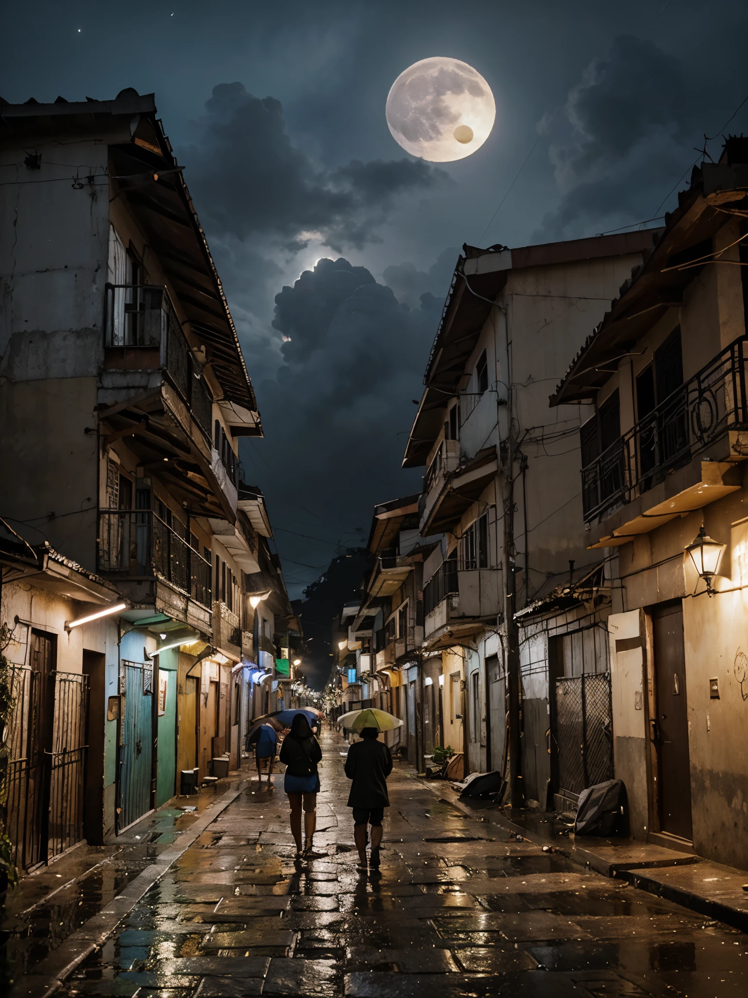 Create street scenes in a Brazilian favela in a rainy climate with an ultra-realistic full moon and 4k details