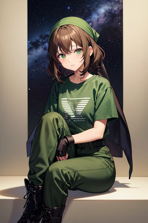 Anime drawings,Full body portrait、Space SF slaves、A woman around , about 150cm tall, wearing a dark green T-shirt and long pants, sitting with her knees hugged to her chest、Crying face、Curly short brown hair、Wearing a bandana on his head、gloves、sports boots、Flat chest、Covered in scars