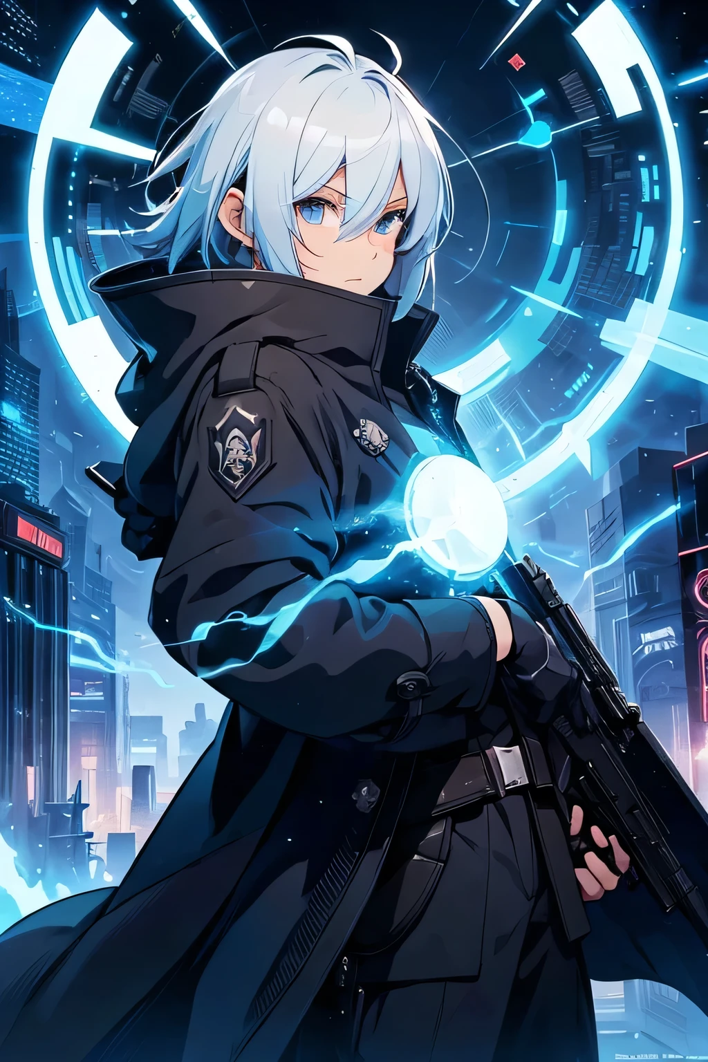 Futuristic, man, Mage, holding gun, wearing an overcoat ,an anime face, Ultra Hd, whole body