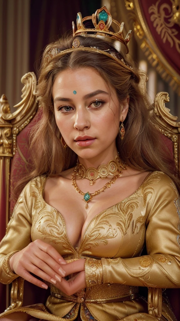 (best quality,4k,8k,highres,masterpiece:1.2),ultra-detailed,(realistic,photorealistic,photo-realistic:1.37),beautiful woman,wearing queen's attire,sitting on a royal throne,wearing a crown,big beautiful eyes,full lips,detailed facial features,gorgeous face,long eyelashes,curvaceous body,royalty,confidence,grace,regality,expensive,ornate clothing,gold and jewel accents,grandeur,exquisite craftsmanship,majestic background,palace setting,elegant lighting,vibrant colors,beautifully painted,opulent,queen-like aura