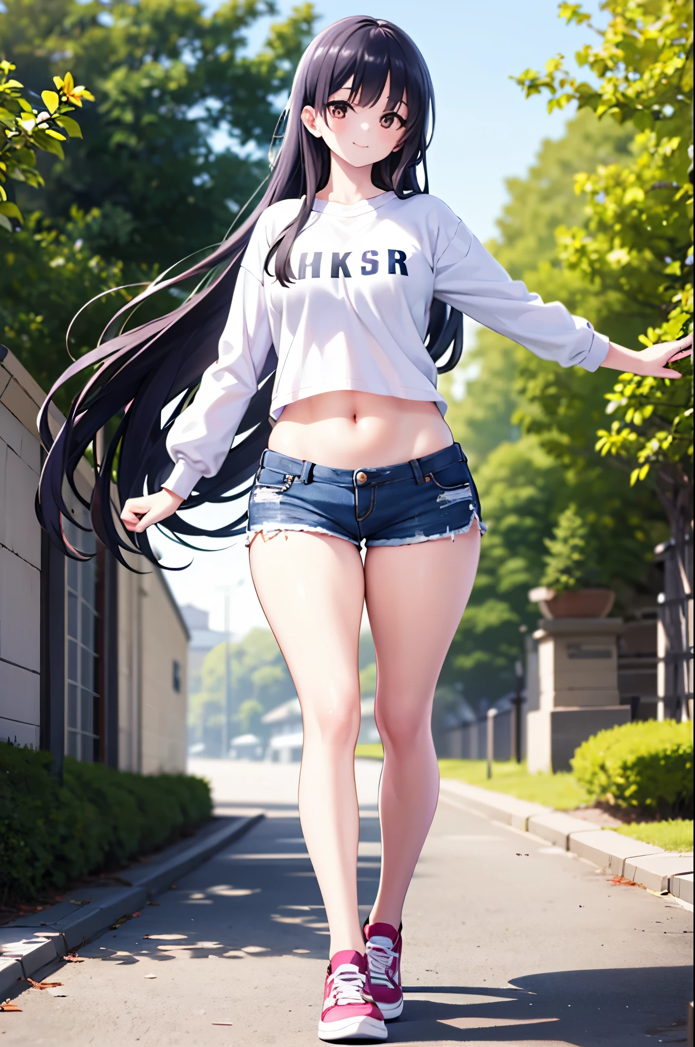 realistic image, detailed image, coherent image, 1 beautiful girl, she has very long hair, black hair, brown eyes, smiling expression. She is wearing a small t-shirt, with a long-sleeved sweatshirt, showing her navel, ripped shorts, sneakers, She has a curvy body, medium breasts and thick thighs, She is walking on a path surrounded by trees and flowers, inside a park, arching her back, hands hidden behind her back, sprouting her breasts, sunny day, Soft focus, full body view, Dramatic shadows, Volumetric lighting, natural lighting,