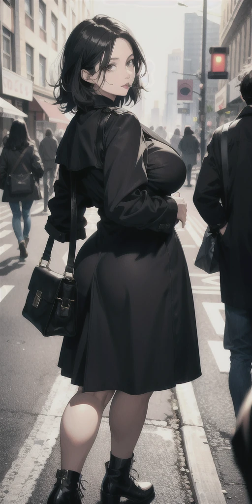 Mature woman, messy hair, black hair, mature face, hot face, big breasts, curvy body, trench coat, black skirt, night, sidewalk, smoking, close view, ((turn around and look back))