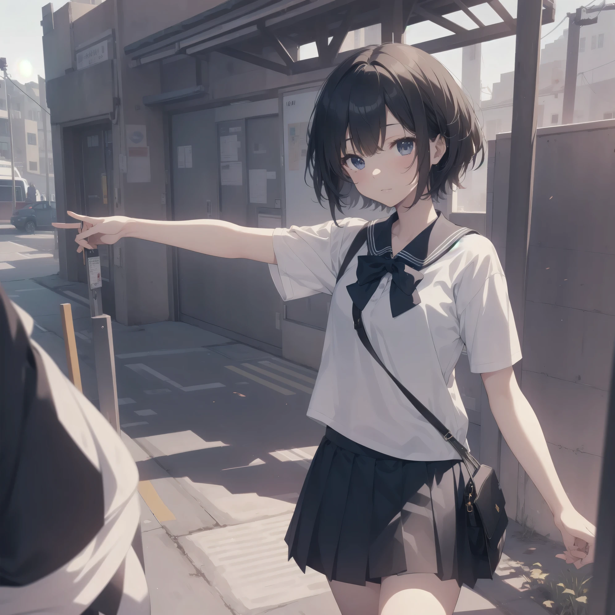 ultra-absurdres-Top quality by artist God, ultra-detailed, high resolution, anime moe artstyle, best anime 8k konachan wallpaper, pixiv contest winner, pool:2810, perfect anatomy,break, 1girl, (Please draw a girl walking sleepily to school alone. )break,(Solo,little female, 13-year-old:1.3),Full limbs, complete fingers,a junior high school student, (very short hair), short cut, flat chest, , small butt, small black eyes, beautiful detailed eyes, well-proportioned iris and pupils, expressive eyes, highres detailed hair, soft expression, salor school_uniform, sailor collar, serahuku, bow, pleated skirt,(Detailed Lighting), (Detailed background), in the School commute route. break,super detailed skin, Best cinematic lighting powered by famous artist, 8k,beauty illustration,photoshop_(medium),very aesthetic,break,((artist:iesupa )), artist:clamp ,artist:carnelian ,artist:kantoku ,
