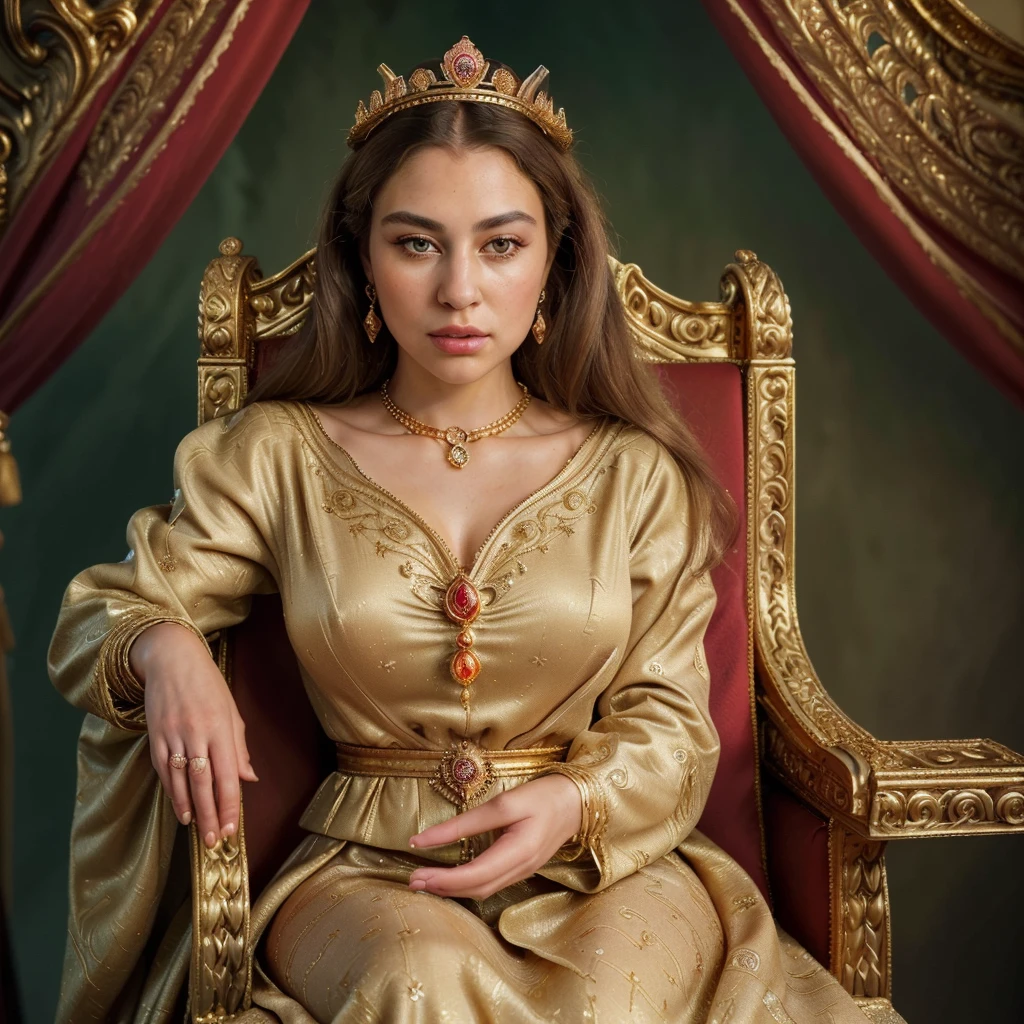 (best quality,4k,8k,highres,masterpiece:1.2),ultra-detailed,(realistic,photorealistic,photo-realistic:1.37),beautiful woman,wearing queen's attire,sitting on a royal throne,wearing a crown,big beautiful eyes,full lips,detailed facial features,gorgeous face,long eyelashes,curvaceous body,royalty,confidence,grace,regality,expensive,ornate clothing,gold and jewel accents,grandeur,exquisite craftsmanship,majestic background,palace setting,elegant lighting,vibrant colors,beautifully painted,opulent,queen-like aura