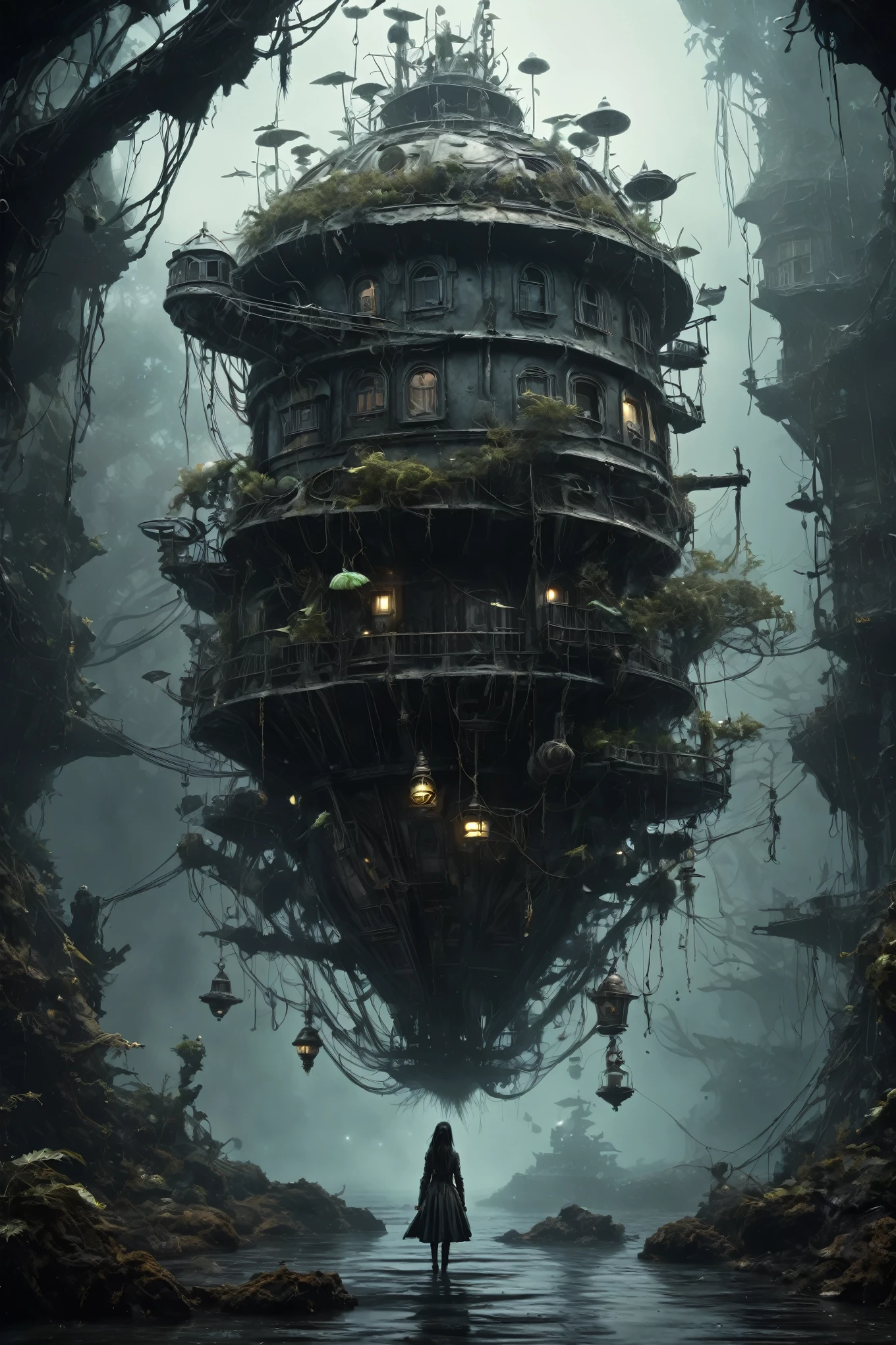 steampunk  fantasy, young plant witch made of dead plants huntering, black and white color mechanical clockwork Spaceship under sea, ominous landscapes,a small floating mkitdecy-planet in concrete and rusted metal struts that looks like a see-mine, low-key, glowing, cinematic,ruined,ruined theme,lots of dust,amazon,full body length,maybe pretty face,full body length, eerie atmosphere, ethereal presence,  swirling mists, supernatural entities, demonic essence, shadowy forms,   dark and twisted branches, macabre elements, otherworldly beauty, ethereal glow, eerie and ominous lighting，Ethereal otherworldly charm，Complicated details，Exquisite features,Surreal atmosphere,captivating creation,witch After the war，Maritime bazar of science and technology,like Stone Forest in Yunnan Province of Zambia,Simon Stalenhag,Nicola Samori,Wangechi Mutu,intricate details,realism,realistic,extremely detailed,masterpiece,intricate details,eyes extremely detailed, high detailed eyes,32k resolution, Nikon Z9