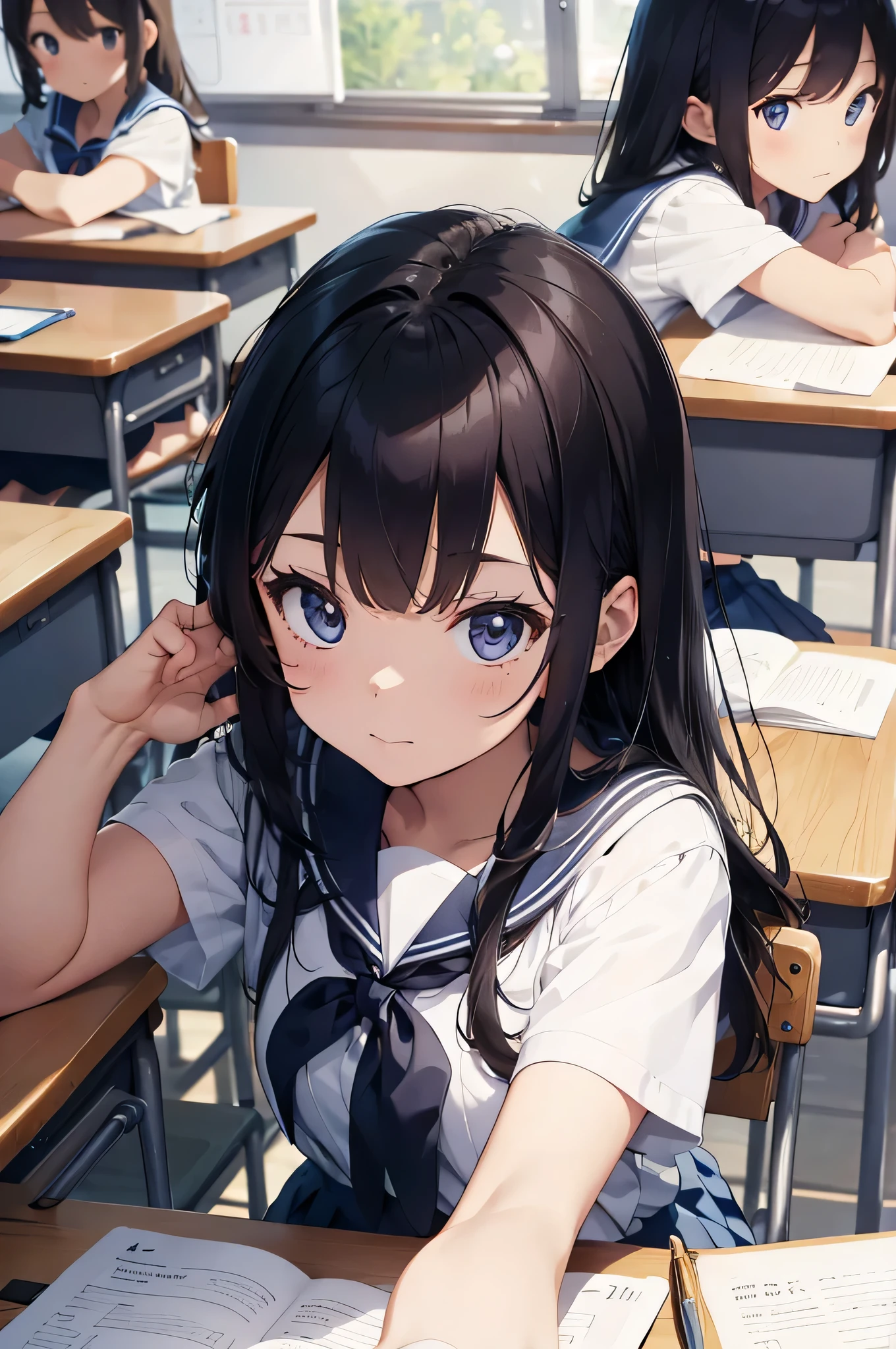 Open book, pen,hand, An illustration,Close-up screen,Classroom Background,pretty girl,Sailor suit