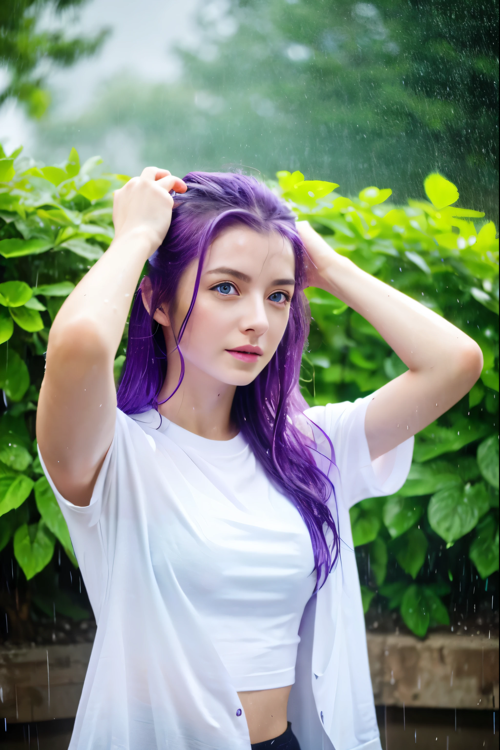 Accurate as a photo、heavy rain、heavy rain、Soaking wet、Soaking wet、french beauty、Safety、Tattoo、Purple Hair、Green Eyes、White T-shirt、thunderstorm、Lightning strikes、garden