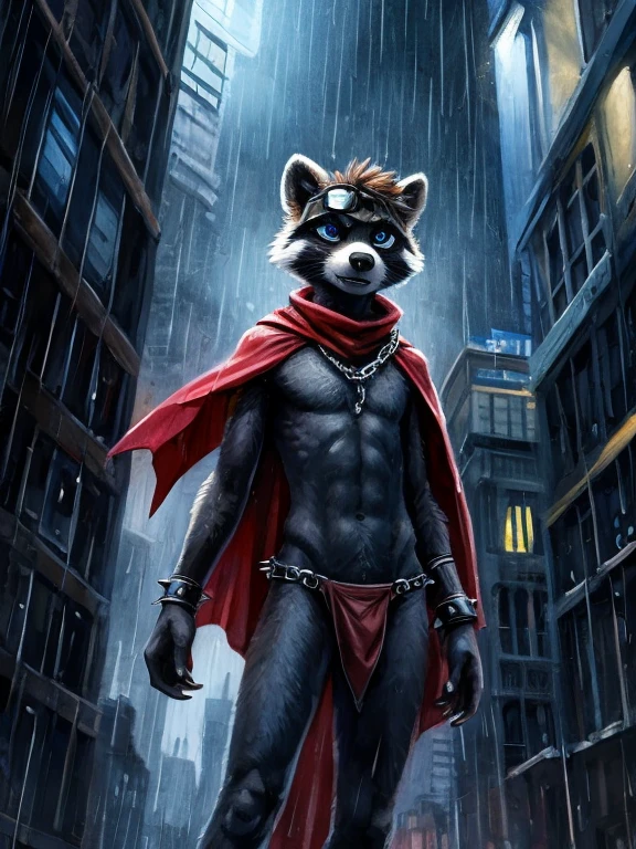 lighting, deep shadow, dynamic angle, masterpiece, high quality, hi res, solo, young Furry, furry, young, raccoon, spiked brown hair only on head, red scarf, blue eyes, goggles, chain harness, Black loincloth, red cape, masterpiece, detail body, fur all over body, detailed face, detailed eyes, detailed hands, Skinny, claws, high resolution, metal cuffs on wrists, metal cuffs on ankles, no shirt, no underwear, city, night, raining, angry, art by kenket