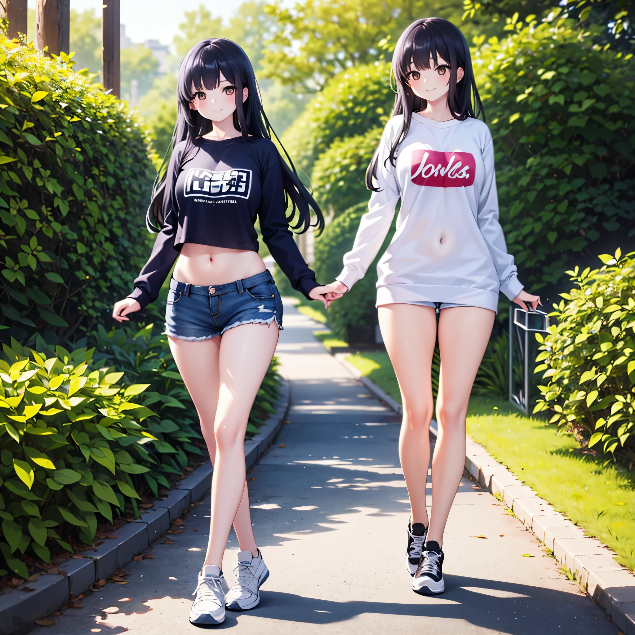 realistic image, detailed image, coherent image, 1 beautiful girl, she has very long hair, black hair, brown eyes, smiling expression. She is wearing a small t-shirt, with a long-sleeved sweatshirt, showing her navel, ripped shorts, sneakers, She has a curvy body, medium breasts and thick thighs, She is walking on a path surrounded by trees and flowers, inside a park, arching her back, hands hidden behind her back, sprouting her breasts, sunny day, Soft focus, full body view, Dramatic shadows, Volumetric lighting, natural lighting,