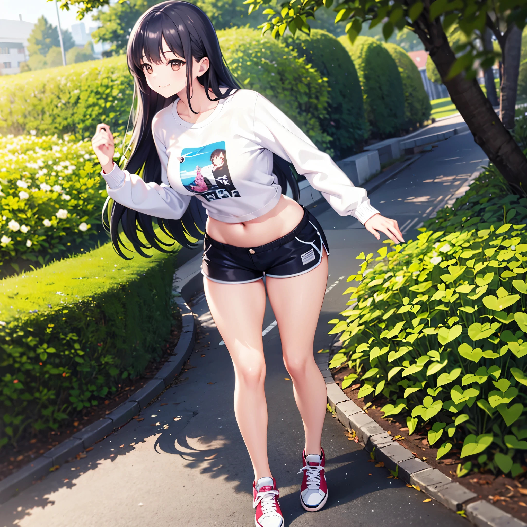 realistic image, detailed image, coherent image, 1 beautiful girl, she has very long hair, black hair, brown eyes, smiling expression. She is wearing a small t-shirt, with a long-sleeved sweatshirt, showing her navel, ripped shorts, sneakers, She has a curvy body, medium breasts and thick thighs, She is walking on a path surrounded by trees and flowers, inside a park, arching her back, hands hidden behind her back, sprouting her breasts, sunny day, Soft focus, full body view, Dramatic shadows, Volumetric lighting, natural lighting,