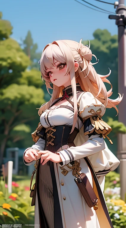 Close-up of a woman in a dress standing near a garden，guweiz masterpiece，guweiz，guweiz style artwork，8k high quality detailed art，cgstation trends，cgstation trends，Beautiful charming anime woman，Very detailed and rich costumes，Steampunk beautiful anime woman，Elegant corset