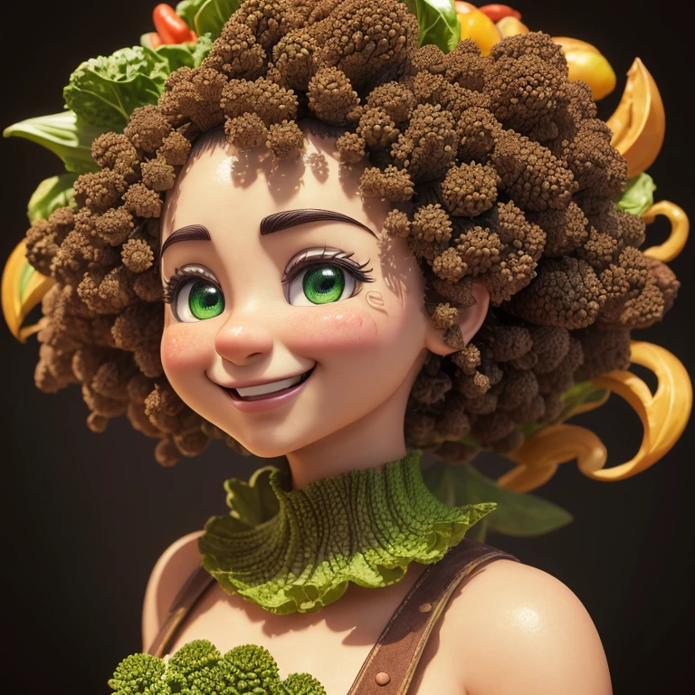 (best quality,4k,8k,highres,masterpiece:1.2),ultra-detailed,(realistic,photorealistic,photo-realistic:1.37),single character made of wild vegetables,flying,smiling,Romanesco,Anpanman,headbutt,warrior,large head,cute girl,anime style,colours and tones inspired by wild vegetables, vibrant lighting