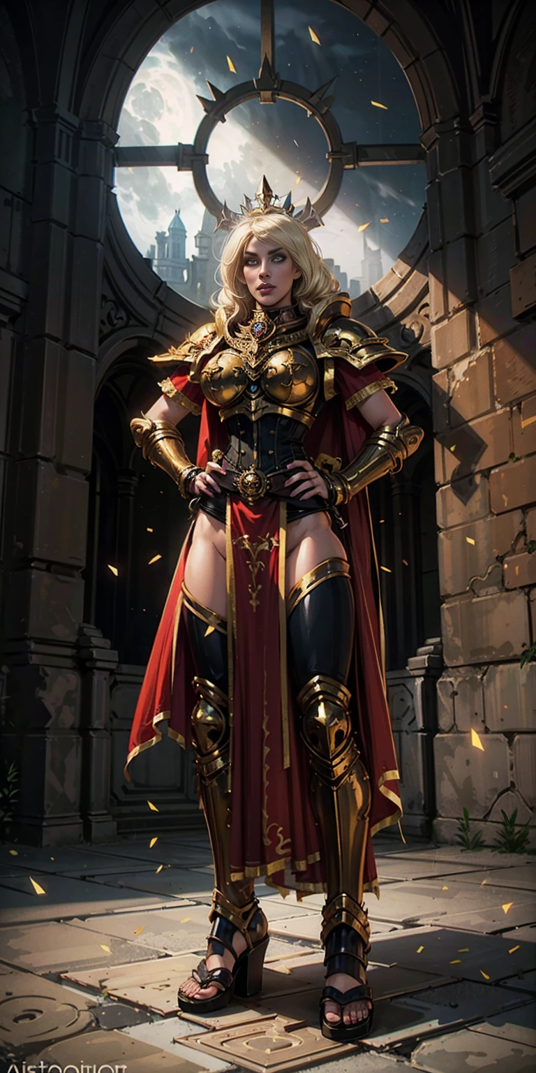 paladin lady in ornate golden armor, black collar, pauldrons, breastplate, corset, glowing halo, single braid, blonde, yellow glowing eyes, bright pupils, eye focus, red cape, temple indoors, stained glass windows, night, moonlight, particles, light beam, chromatic aberration, (full body, whole body. 1solo (girl). slave fighter, loincloth standing, hands on hips full body, whole body. 1solo (girl). slave fighter, loincloth standing, hands on hips, metal sandals, backpack, choker, big belt, view from below, feet together, bracers, tiara)