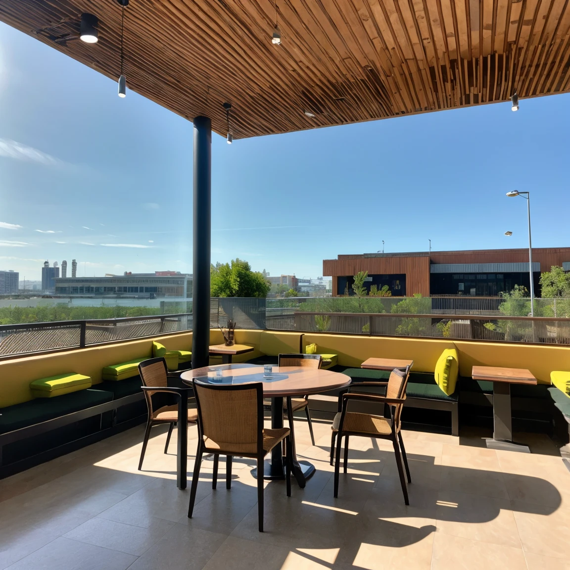 (born, highest quality:1.3, masterpiece:1.3), (Realistic, photo Realistic:1.2),Ultra-high resolution, Ultra-high resolution, 8k coffee bar, Glass roof, Strong outdoor sunlight, restaurant, architecture, modernism, Super realistic design, wood, Chair, table, Open View, colorful, iDigital, figure, peaceful, beautiful, comfortable