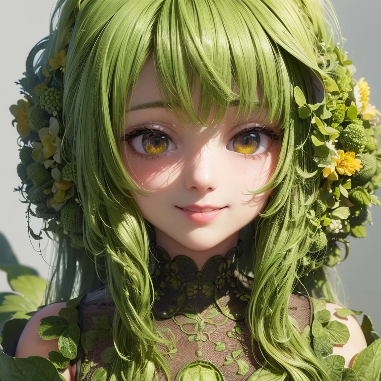 (best quality,4k,8k,highres,masterpiece:1.2),ultra-detailed,(realistic,photorealistic,photo-realistic:1.37),single character made of wild vegetables,flying,smiling,Romanesco,Anpanman,headbutt,warrior,large head,cute girl,anime style,colours and tones inspired by wild vegetables, vibrant lighting