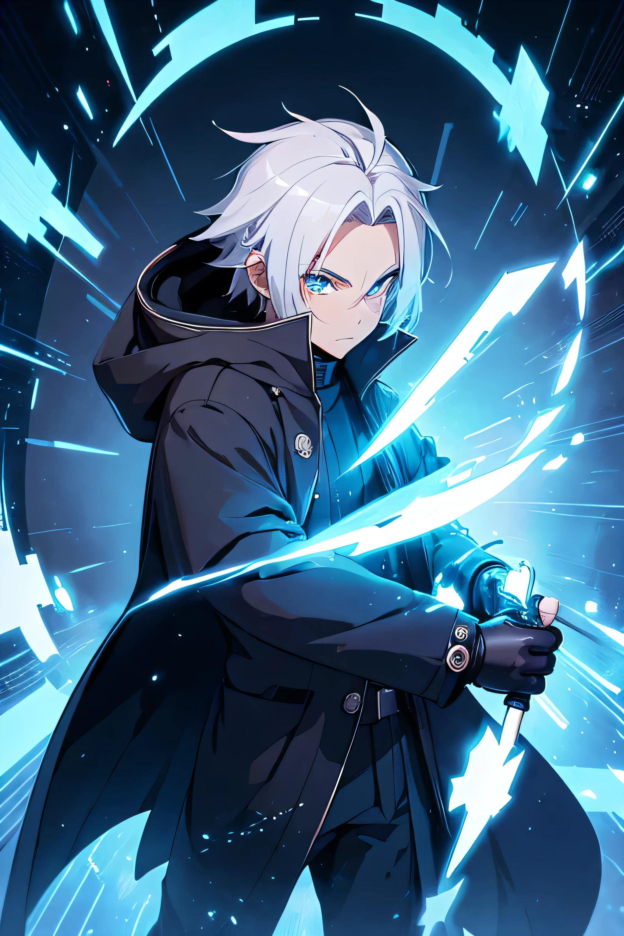 Futuristic, man, Mage, holding pencil, wearing an overcoat ,an anime face, Ultra Hd, whole body
