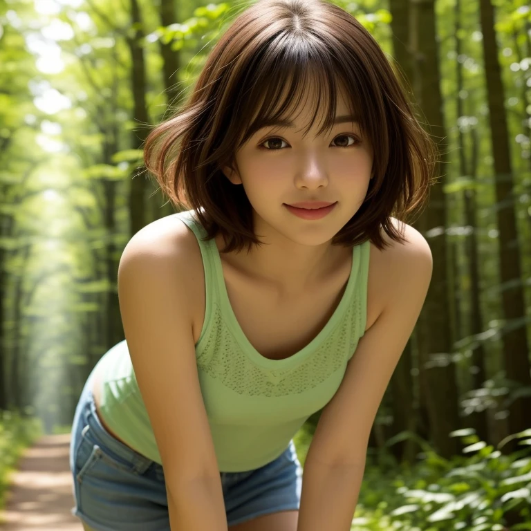 masterpiece, highest quality, High resolution, wallpaper, Realistic, Bright lighting, Professional Lighting, Face Light, Smooth lighting, Japanese Girls, ((Whole body 1.4)),On all fours, cute, smile, beautiful girl, gravure, sexy, so beautiful, Beautiful Skin, Beautiful and detailed、Detailed face、slim、Moderate, short hair, Brunette colored hair, Brown eyes, View your viewers,Tank top, Shorts,Morning sun shining through a misty forest path.Very small size ,