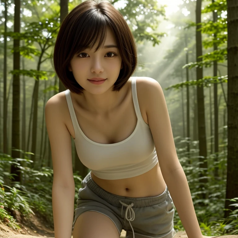 masterpiece, highest quality, High resolution, wallpaper, Realistic, Bright lighting, Professional Lighting, Face Light, Smooth lighting, Japanese Girls, ((Whole body 1.4)),On all fours, cute, smile, beautiful girl, gravure, sexy, so beautiful, Beautiful Skin, Beautiful and detailed、Detailed face、slim、Moderate, short hair, Brunette colored hair, Brown eyes, View your viewers,Tank top, Shorts,Morning sun shining through a misty forest path.Very small size ,