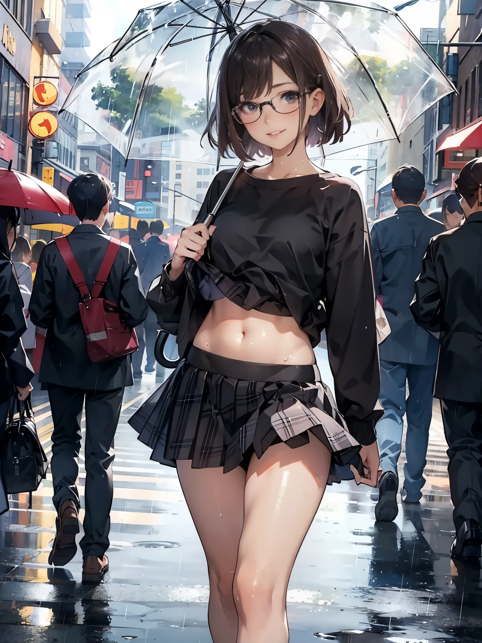 (super flat, flat shading), Honors Type, Really blushing, 17 years old, high school girl, wearing long sleeve shirt and plaid pleated mini skirt, Short bob cut brown hair, Glasses, sweaty healthy body, smile, bare legs, loafers, ultra realistic, early morning, breeze skirt lift, (clothes lift:1.2) (navel:1.5), (sex pose), in crowded street, rainy day, transparent umbrella,