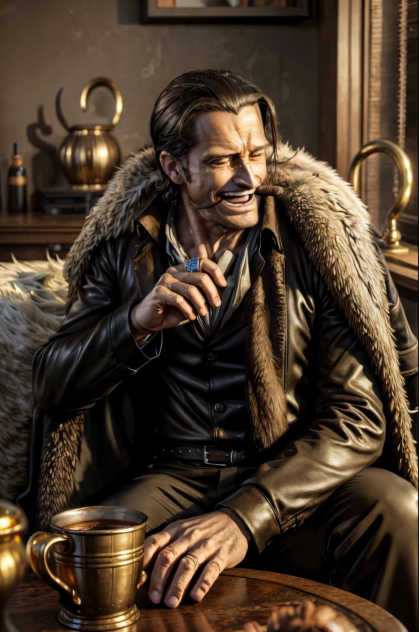 masterpiece, best quality, extremely detailed, hyperrealistic, photorealistic, a cool 40s man, ultra detailed face:1.2, fur-trimmed coat, scarf around the neck, his left hand is a golden pirate hook, cigar, coffee cup on table:1.3, modern living room, laughing, dynamic pose
