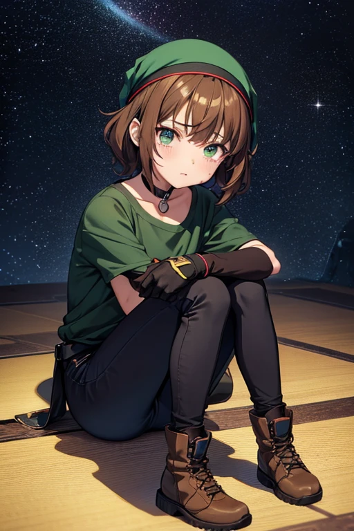 Anime drawings,Full body portrait、Space SF slaves、A woman around 15 years old, about 150cm tall, wearing a dark green T-shirt and long pants, sitting with her knees hugged to her chest、Crying face、Curly short brown hair、Wearing a bandana on his head、gloves、sports boots、Flat chest、Covered in scars