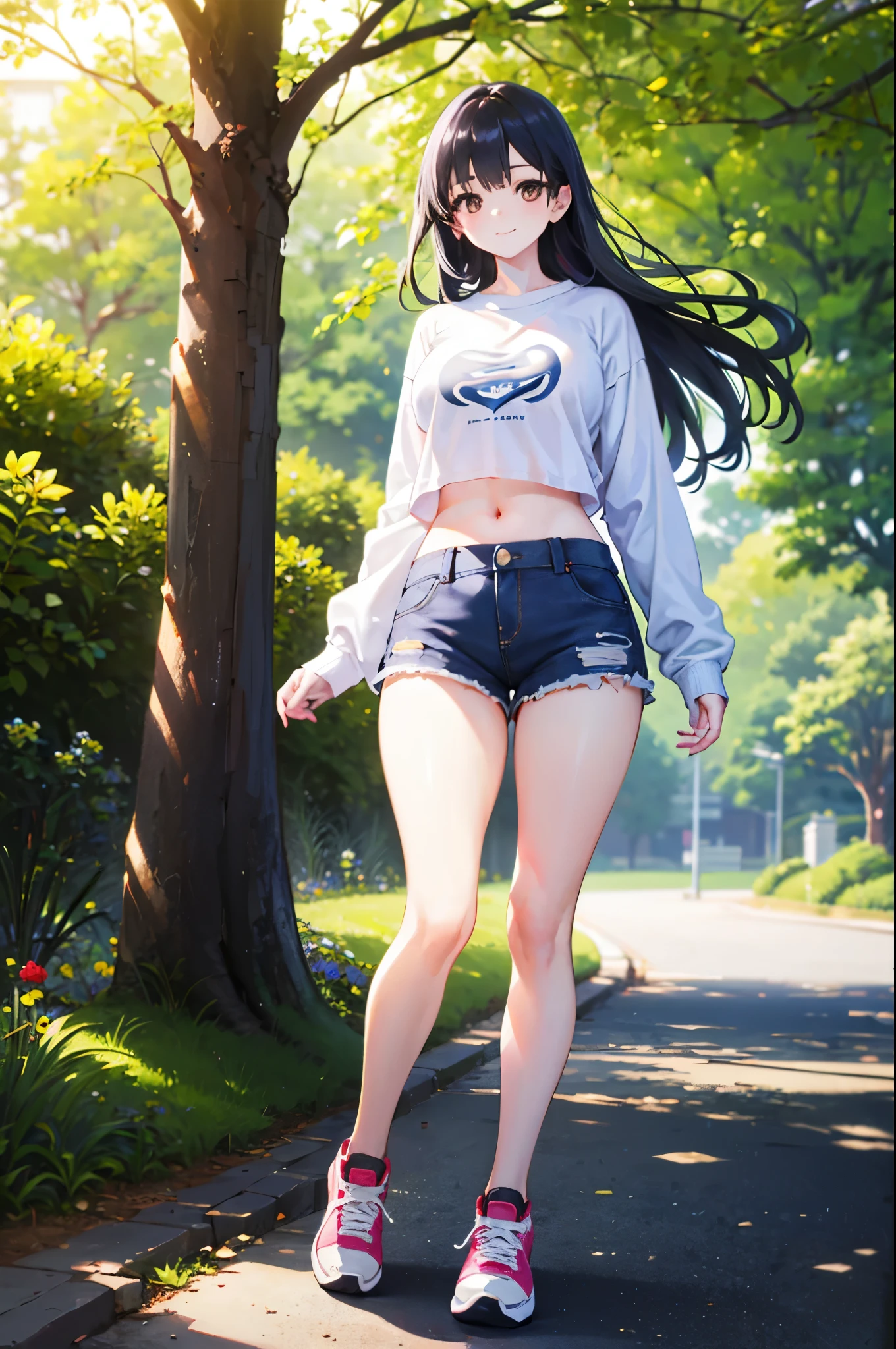 realistic image, detailed image, coherent image, 1 beautiful girl, she has very long hair, black hair, brown eyes, smiling expression. She is wearing a small t-shirt, with a long-sleeved sweatshirt, showing her navel, ripped shorts, sneakers, She has a curvy body, medium breasts and thick thighs, She is walking on a path surrounded by trees and flowers, inside a park, arching her back, hands hidden behind her back, sprouting her breasts, sunny day, Soft focus, full body view, Dramatic shadows, Volumetric lighting, natural lighting,