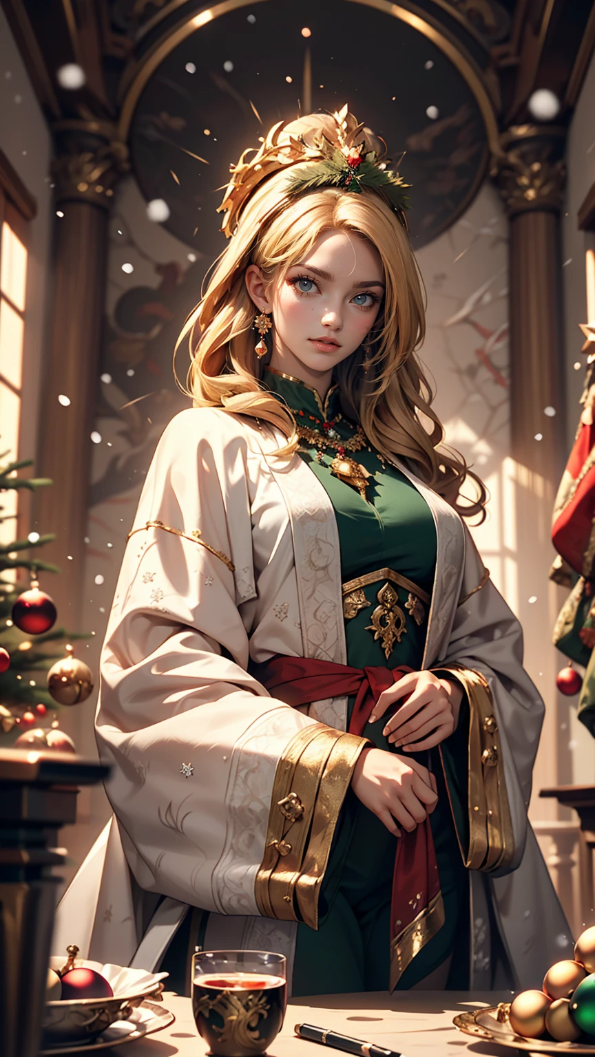 Portrait of a beautiful empress, Blonde Hair, Perfect Blue Eyes, wonderful, An incredibly impressive large Christmas headpiece, Clothing Santa Robe, All about Christmas, snow, Symmetric, Dramatic studio lighting, Rococo, Baroque, green, Asian, Hyperrealism, close, d&d, Fantasy, Complex, elegant, Very detailed, Digital Painting, Art Station, Octane Rendering, 8k, Concept Art, mat, Sharp focus