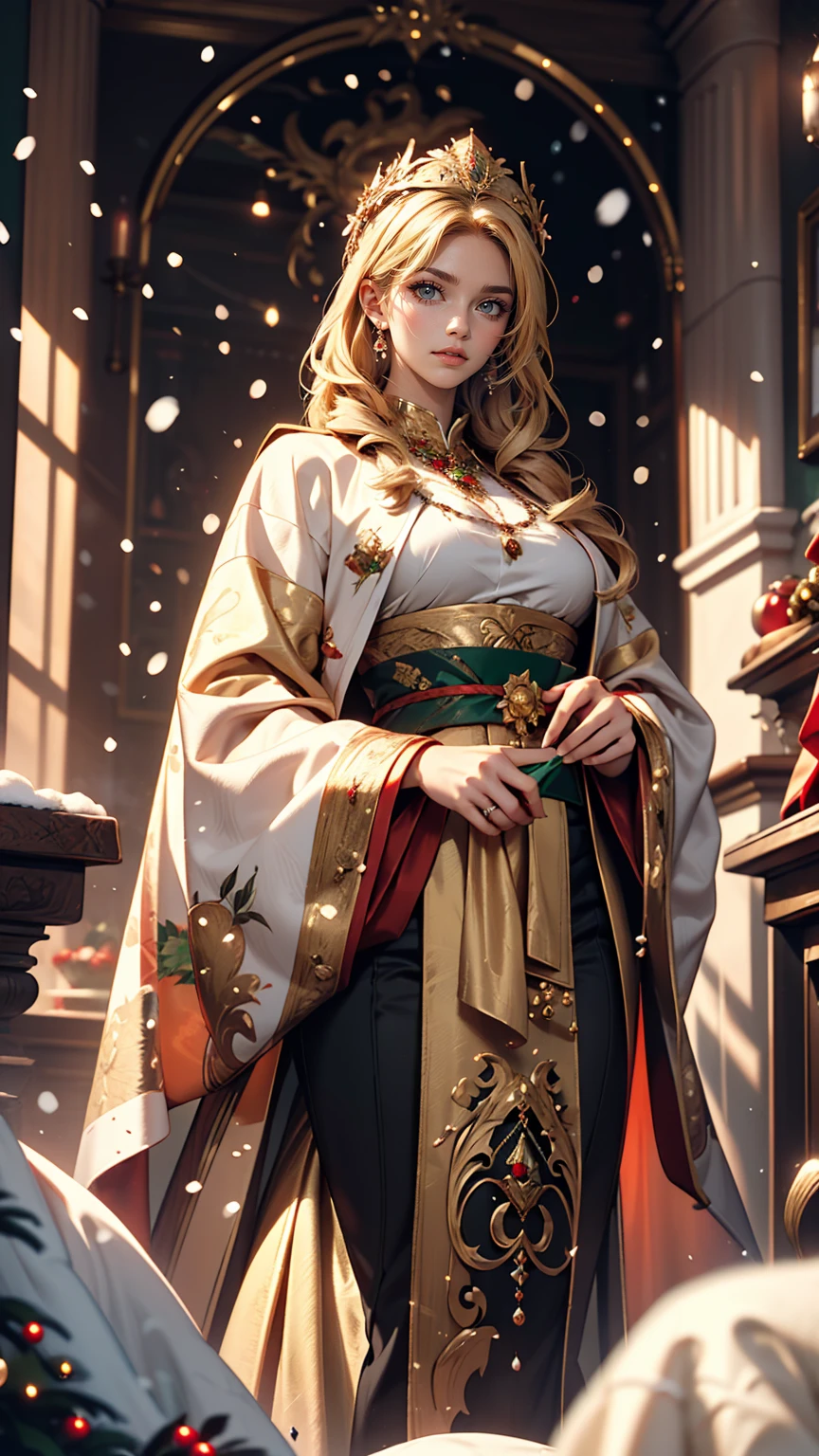 Portrait of a beautiful empress, Blonde Hair, Perfect Blue Eyes, wonderful, An incredibly impressive large Christmas headpiece, Clothing Santa Robe, All about Christmas, snow, Symmetric, Dramatic studio lighting, Rococo, Baroque, green, Asian, Hyperrealism, close, d&d, Fantasy, Complex, elegant, Very detailed, Digital Painting, Art Station, Octane Rendering, 8k, Concept Art, mat, Sharp focus