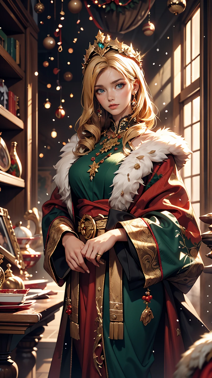 Portrait of a beautiful empress, Blonde Hair, Perfect Blue Eyes, wonderful, An incredibly impressive large Christmas headpiece, Clothing Santa Robe, All about Christmas, snow, Symmetric, Dramatic studio lighting, Rococo, Baroque, green, Asian, Hyperrealism, close, d&d, Fantasy, Complex, elegant, Very detailed, Digital Painting, Art Station, Octane Rendering, 8k, Concept Art, mat, Sharp focus