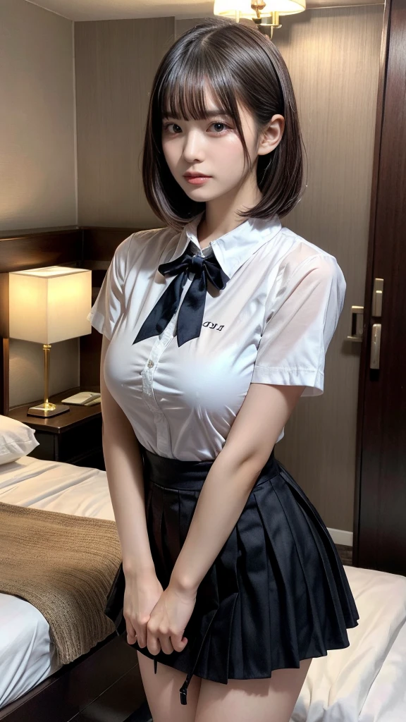 muster piece, best quality, illustration, Super detailed, fine details, High resolution, 8K,wall paper, perfect dynamic composition,(Details High quality, realistic depiction of eyes:1.3), (collared shirt:1.1), pleated skirt, short bob hair、black hair color, Big Natural Color Lip, bold sexy pose, crying a little、cold gaze, Harajuku style、acrobatic pose, 20 year old girl、cute type、ta、beautiful legs, hotel room, gravure idol, Voluptuous thighs, huge breasts