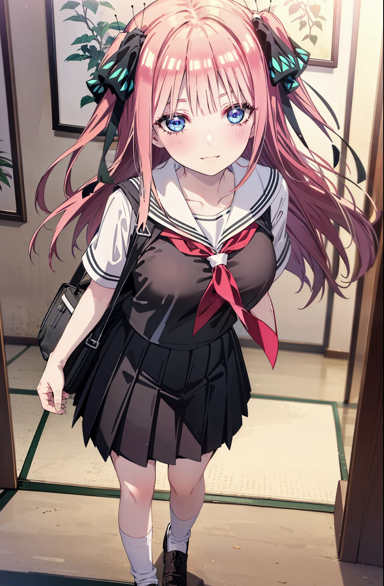 I was silent, nino nakano, Long Hair, bangs, blue eyes, hair ornaments, Hair Ribbon, Pink Hair, blunt bangs, Both sides up, butterfly hair ornaments,smile, Grin,Big Breasts,Japanese schoolgirl(Sailor suit),Short sleeve,Black pleated skirt,White loose socks,Brown Loafers,Daytime,Clear skies,whole bodyがイラストが入るように,Looking down from above,School bag,
break indoors, Coffee shop,
break looking at viewer, whole body,
break (masterpiece:1.2), highest quality, High resolution, unity 8k wallpaper, (shape:0.8), (Beautiful details:1.6), Highly detailed face, Perfect lighting, Extremely detailed CG, (Perfect hands, Perfect Anatomy),