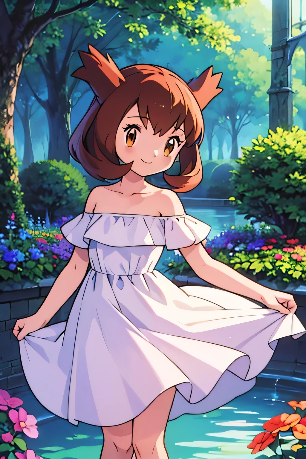 masterpiece, best quality, ultra-detailed, illustration, beautiful detailed eyes, very detailed illustration, cinematic lighting, 1 girl, solo, Pokemon Heroes (Bianca), Brown Hair, brown eyes, bare shoulders, strapless, off shoulders, white ruffle off the shoulder top, white maxi dress, intricate details, sharp focus, high resolution, the background of beautiful garden with a forest of flowers, at sunrise, smile, standing near a water pool on the bottom, she spin around for her dress as she was dancing. anime style, ultra-detailed, hdr, far at the bottom, in the center, Close up