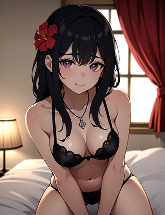 1character, solo:(male), figure: hourglass figure, medium waist, huge hip.
expression: bewitching smile, blushing.
hair: Long-haired cut to waist, empty bangs, messy hair, black hair with purple highlights.
eyes: Big and slanted eyes, pink-colored pupils.
bikini: black lingerie with white embroidered details, chain necklace.
scenery indoors: room, on bed.
Medium: digital painting.
Additional details:
- The character is standing confidently, with one hand resting on the bedpost.
- The room is dimly lit, with soft, warm lighting, creating a cozy atmosphere.
- The bed is covered in luxurious silk sheets with intricate patterns.
- There are scattered flower petals on the bed, adding a romantic touch.
- The character's skin has a soft, glowing complexion.
- The character's makeup is natural, enhancing their features.
- There is a small table by the bed with a vase of flowers on it.
- The character's nails are painted a deep red, matching the lingerie.
- The character has a delicate necklace with a small pendant.
- There is a mirror on the wall, reflecting the character's beautiful appearance.
- The room is decorated with elegant and stylish furniture.
- There are curtains on the windows, partially blocking the sunlight.
- The character is wearing high heels, elongating their legs.
(best quality, 4k, highres), ultra-detailed, realistic, portraits, vivid colors, soft lighting, romantic atmosphere, alluring, elegant.