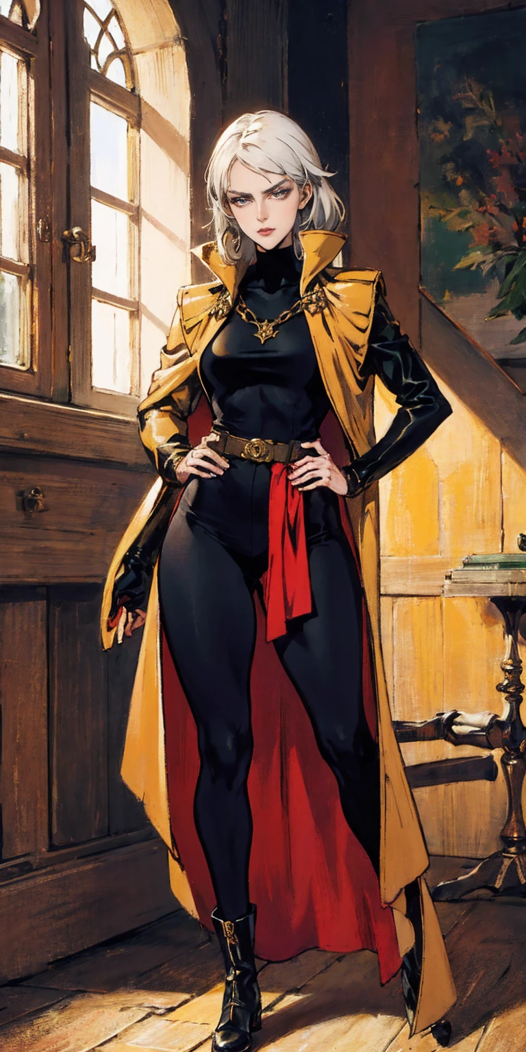 A woman with long platinum blonde hair, choppy bangs, arched crescent eyebrows, sharp and determined eyes, a delicate oval face, a serious expression, a fantasy-style dark green military coat, draped with a dark red cloak, military trousers, leather combat boots, silver greaves leggings, one hand on her hip, standing in a spacious training ground, this character embodies a finely crafted fantasy-style female military officer in anime style, exquisite and mature manga art style, pale skin, high definition, best quality, highres, ultra-detailed, ultra-fine painting, extremely delicate, professional, perfect body proportions, golden ratio, anatomically correct, symmetrical face, extremely detailed eyes and face, high quality eyes, creativity, RAW photo, UHD, 32k, Natural light, cinematic lighting, masterpiece-anatomy-perfect, masterpiece:1.5