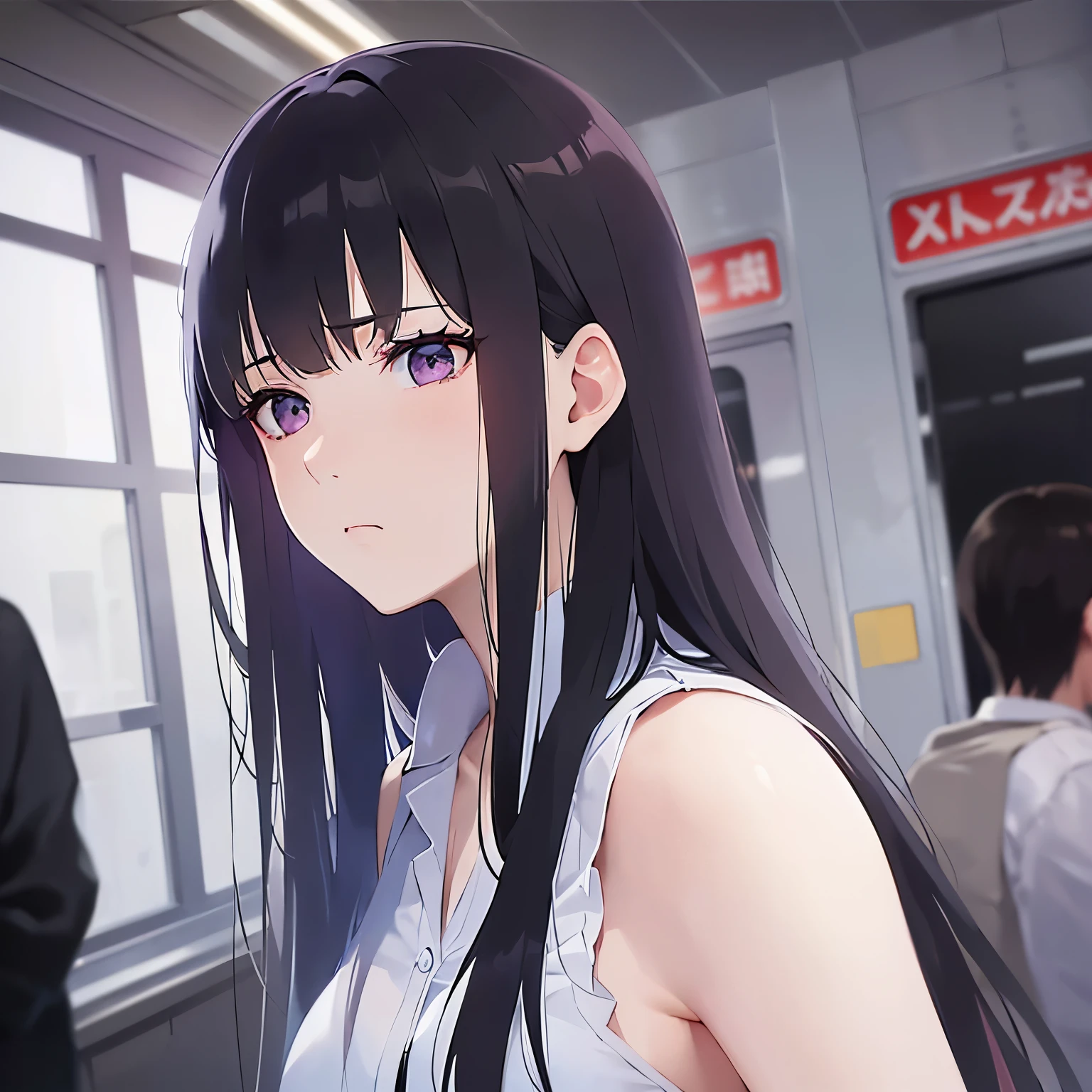 side angle, (looking away:1.5), Upper Body, Realistic, real person, (pale skin: 1.2), RAW photo, photorealistic, shiny skin, shiny hair、(A 25-year-old woman with straight hair and bangs) and (medium hair) and (black hair) and (purple eyes) , (white collared shirt) 、(sad:1.5), The background is a crowded train、Alone、Are standing