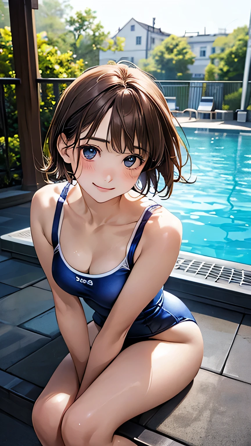 (masterpiece:1.2, highest quality), (Realistic, photoRealistic:1.4), Beautiful illustrations, (Natural Side Lighting, Cinema Lighting),
View Viewer, whole body,(Front view), 2 girls, Japanese, , Perfect Face, Cute and symmetrical face, Shiny skin, Baby Face,
(short hair:1.2, Light brown hair), blue eyes, (Big Breasts:0.6),
Beautiful Hair, Beautiful Face, Beautiful fine details, Beautiful clavicle, Beautiful body, Beautiful breasts, Beautiful thighs, Beautiful feet, Beautiful fingers,
(Blue school swimsuit),
(Beautiful views), Outdoor, Pool,, (A shy smile, Upward glance),