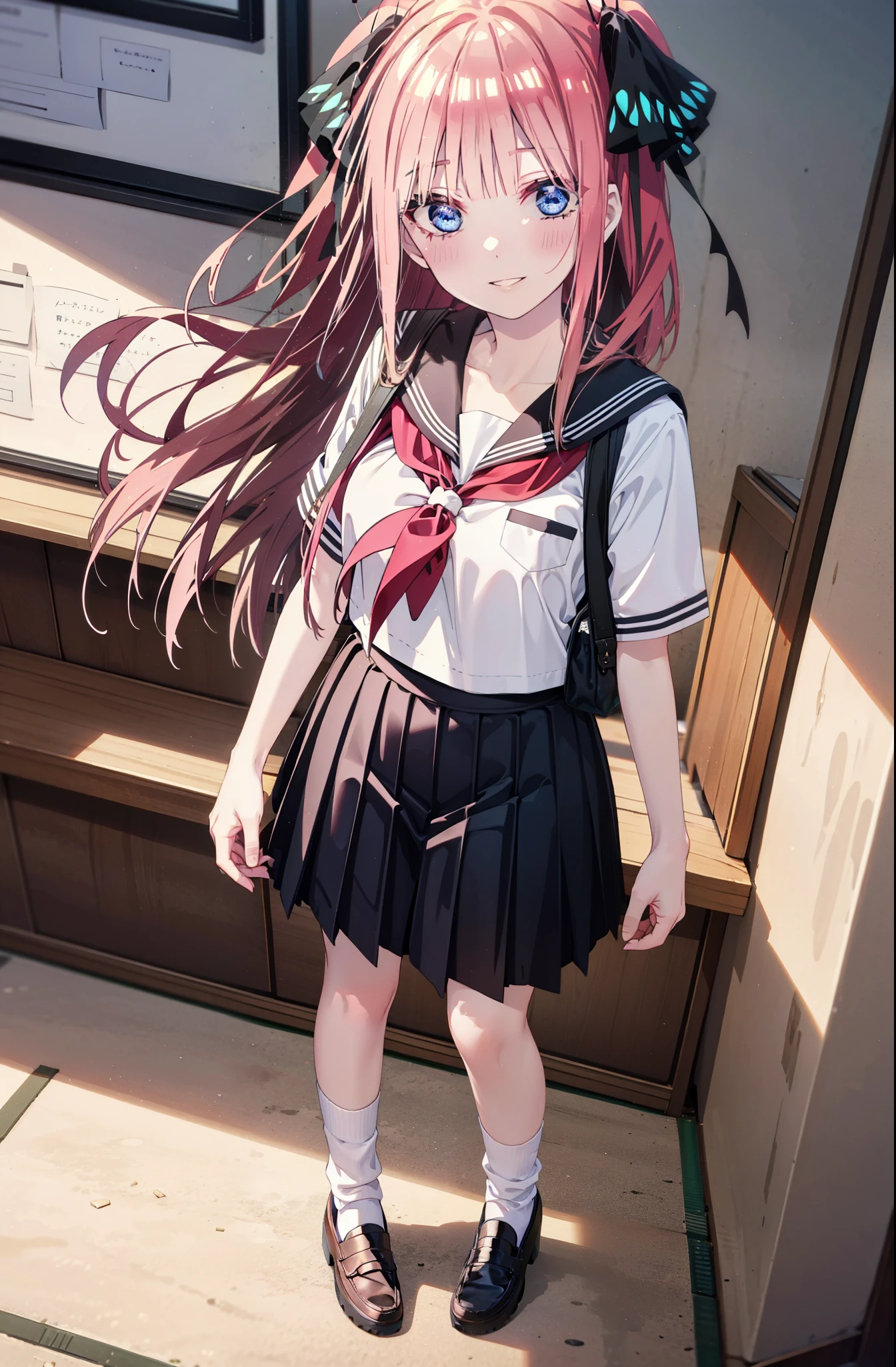 I was silent, nino nakano, Long Hair, bangs, blue eyes, hair ornaments, Hair Ribbon, Pink Hair, blunt bangs, Both sides up, butterfly hair ornaments,smile, Grin,Big Breasts,Japanese schoolgirl(Sailor suit),Short sleeve,Black pleated skirt,White loose socks,Brown Loafers,Daytime,Clear skies,whole bodyがイラストが入るように,Looking down from above,School bag,
break indoors, Coffee shop,
break looking at viewer, whole body,
break (masterpiece:1.2), highest quality, High resolution, unity 8k wallpaper, (shape:0.8), (Beautiful details:1.6), Highly detailed face, Perfect lighting, Extremely detailed CG, (Perfect hands, Perfect Anatomy),