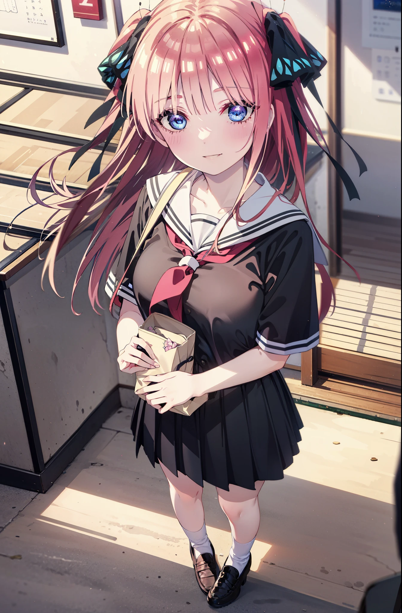 I was silent, nino nakano, Long Hair, bangs, blue eyes, hair ornaments, Hair Ribbon, Pink Hair, blunt bangs, Both sides up, butterfly hair ornaments,smile, Grin,Big Breasts,Japanese schoolgirl(Sailor suit),Short sleeve,Black pleated skirt,White loose socks,Brown Loafers,Daytime,Clear skies,whole bodyがイラストが入るように,Looking down from above,School bag,
break indoors, Coffee shop,
break looking at viewer, whole body,
break (masterpiece:1.2), highest quality, High resolution, unity 8k wallpaper, (shape:0.8), (Beautiful details:1.6), Highly detailed face, Perfect lighting, Extremely detailed CG, (Perfect hands, Perfect Anatomy),