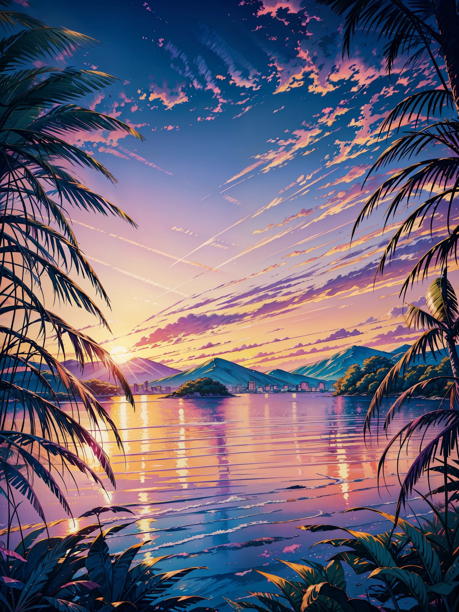 a painting of a crescent over a body of water, dream scenery art, melancholy pastel art, purple sunset, vaporwave sunset, serene colors, at purple sunset, atmospheric dreamscape painting, pastel sunset, pink sunset, sunset background, vibrant gouache painting scenery, looking out at a pink ocean, pastel simple art, pink landscape, pastel artwork, sunset illustration