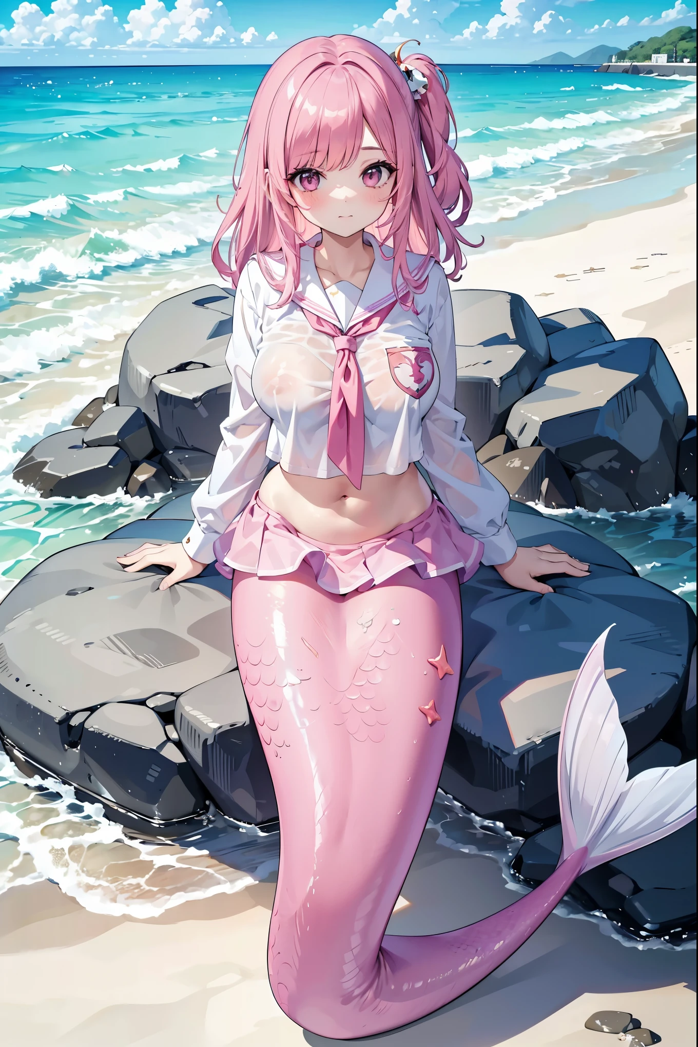 masterpiece, best quality,(Complete five fingers),A girl,Large Breasts,Pink Hair,Mermaid,honokamk,school uniform,粉红色Mermaid尾巴,full-body shot,Sitting,beach,Sea view