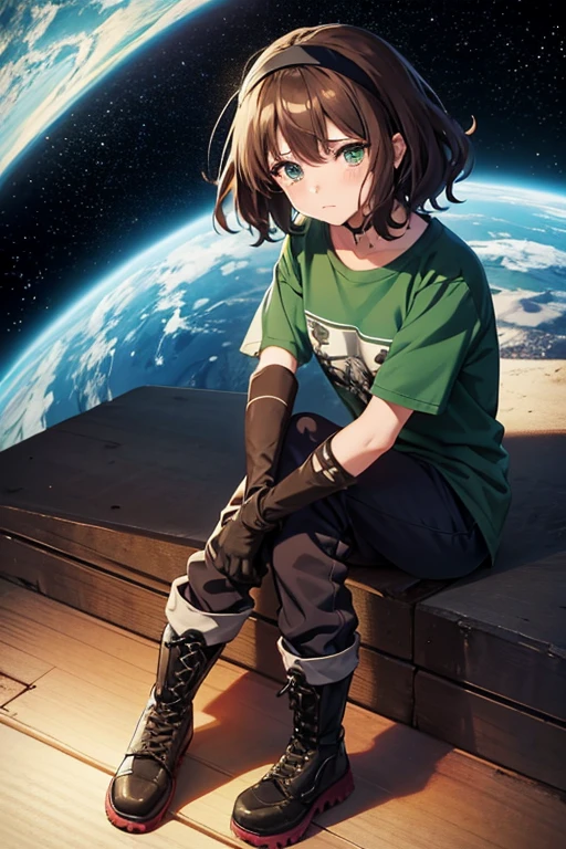 Anime drawings,Full body portrait、Space SF slaves、A dirty woman, about 15 years old, about 150cm tall, wearing a dark green T-shirt and long pants, sitting with her knees hugged to her chest、Crying face、Curly short brown hair、Wearing a bandana on his head、gloves、sports boots、Flat chest、Covered in scars