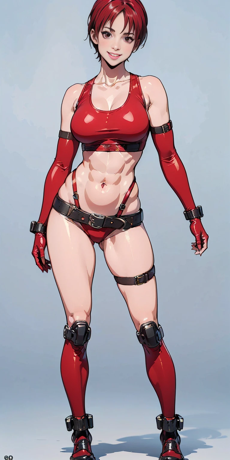(plain background, 8k, best quality, masterpiece, realistic, photo-realistic:1.37) (full body height standing straight symmetrical contrapposto) (looking at viewer) 2legs apart (wide stance) ultra detailed, 1solo cute girl (beautiful detailed eyes) (smile:1.2) (closed mouth) view from below depth of field, good composition, bob hair, perfect knockers, suspenders, toned body, athletic, wide hips, thin waist, toned arms, exposed abdomen, abs toned, navel, big belly button belt ((red cheeks, red eyes, red tank top, red thong, red gloves gauntlets, red stockings thighs)) (Rei Kishimoto)