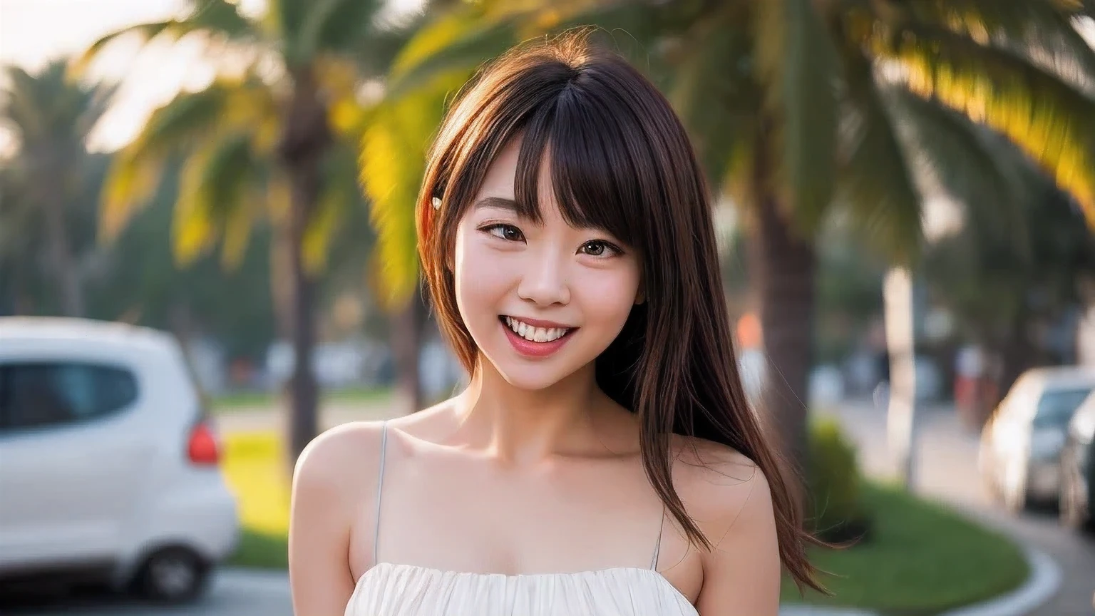 1girl
3d
asian
bangs
bare shoulders
blurry
blurry background
blurry foreground
bokeh
breasts
brown eyes
brown hair
collarbone
cosplay photo
day
depth of field
dress
film grain
grin
lips
long hair
looking at viewer
motion blur
open mouth
outdoors
palm tree
photo \(medium\)
photo background
photo inset
photorealistic
realistic
sleeveless
smile
solo
teeth
tree
upper body